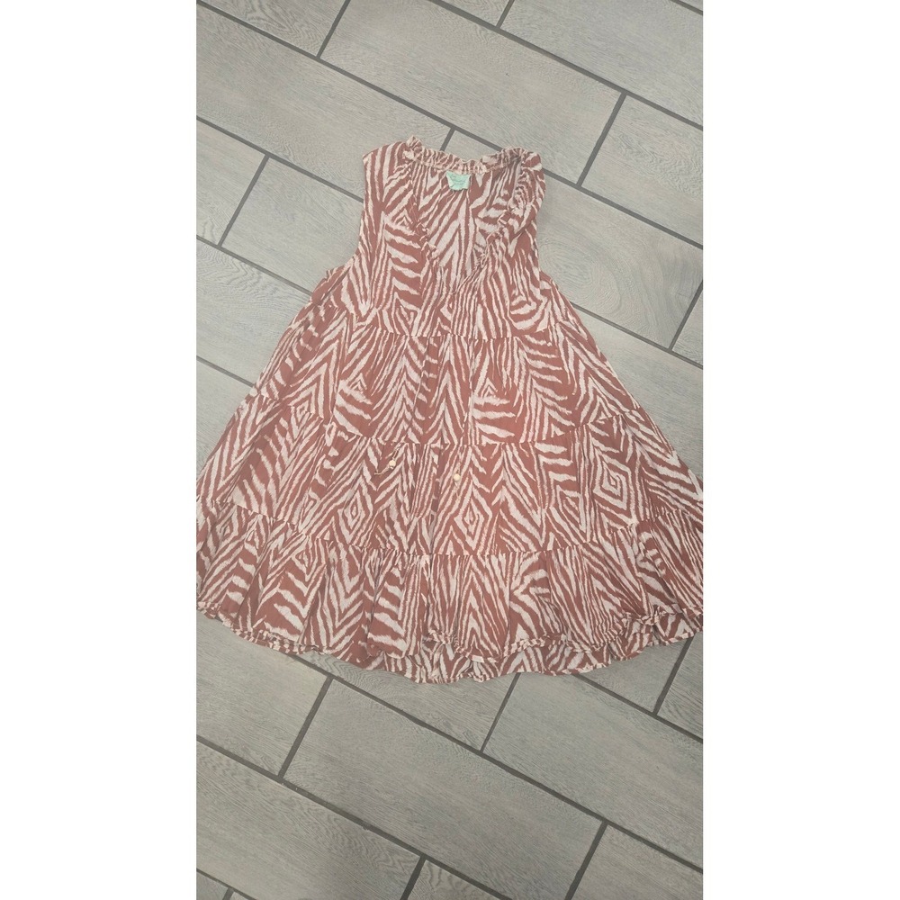 True Destination Zebra Ikat Tiered Mini Dress‎ Rust Cream Sleeveless Boho L
